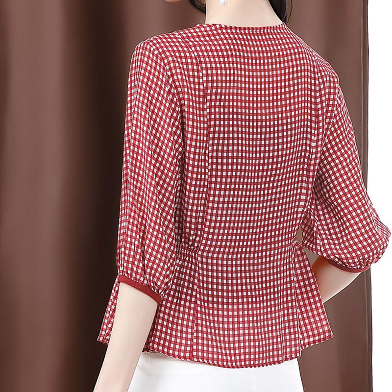 Summer Women's Shirt Three-quarter Sleeve Plaid Shirt Retro Top Casual Blouse