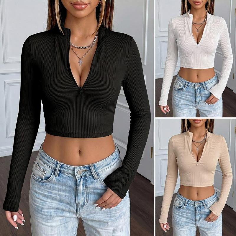 Women's Deep V Neck Long Sleeve Crop Top Slim Fit Solid Color Casual Pullover