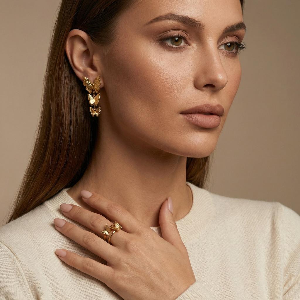 Unique Stainless Steel Three Drop Butterfly Earrings for Women Gold Plated Butterfly Stud Earrings Fashion Jewelry Gifts