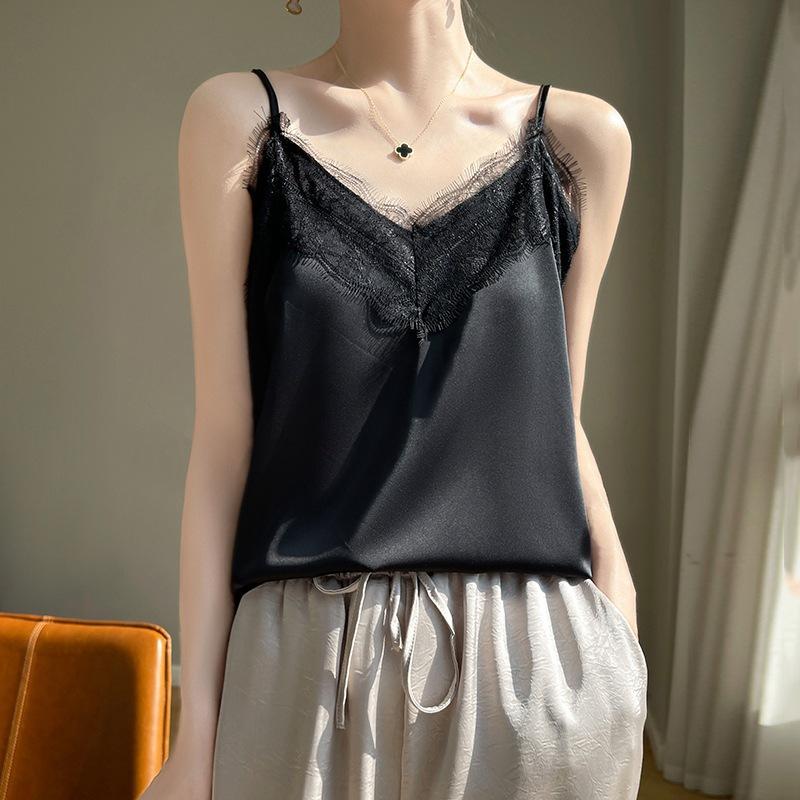 Camisola de seda para mulheres colete verão fino decote em v curto temperamento tops internos
