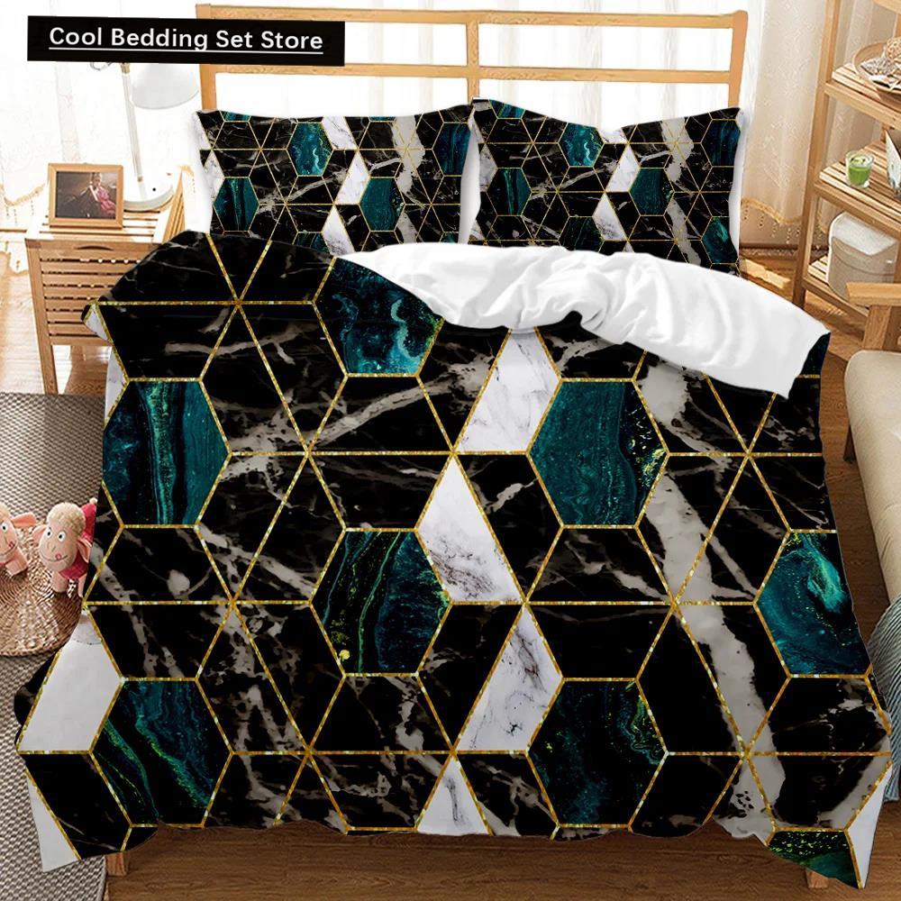 Set Husă Plapumă Marmură Negru Alb Auriu Textură Marmură Abstractă Imprimată Negru Alb Mărime Dublu Queen King Set de Lenjerie de Pat Poliester