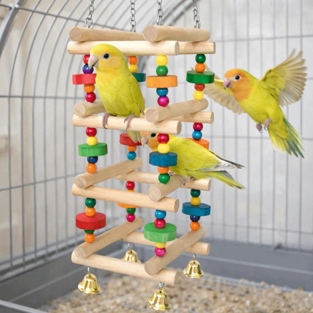 Colorful Wooden Parrot Chew Toys Bite Resistant Hanging Parrot Swing Toy Multi Layer with Bells Bird Climbing Ladder