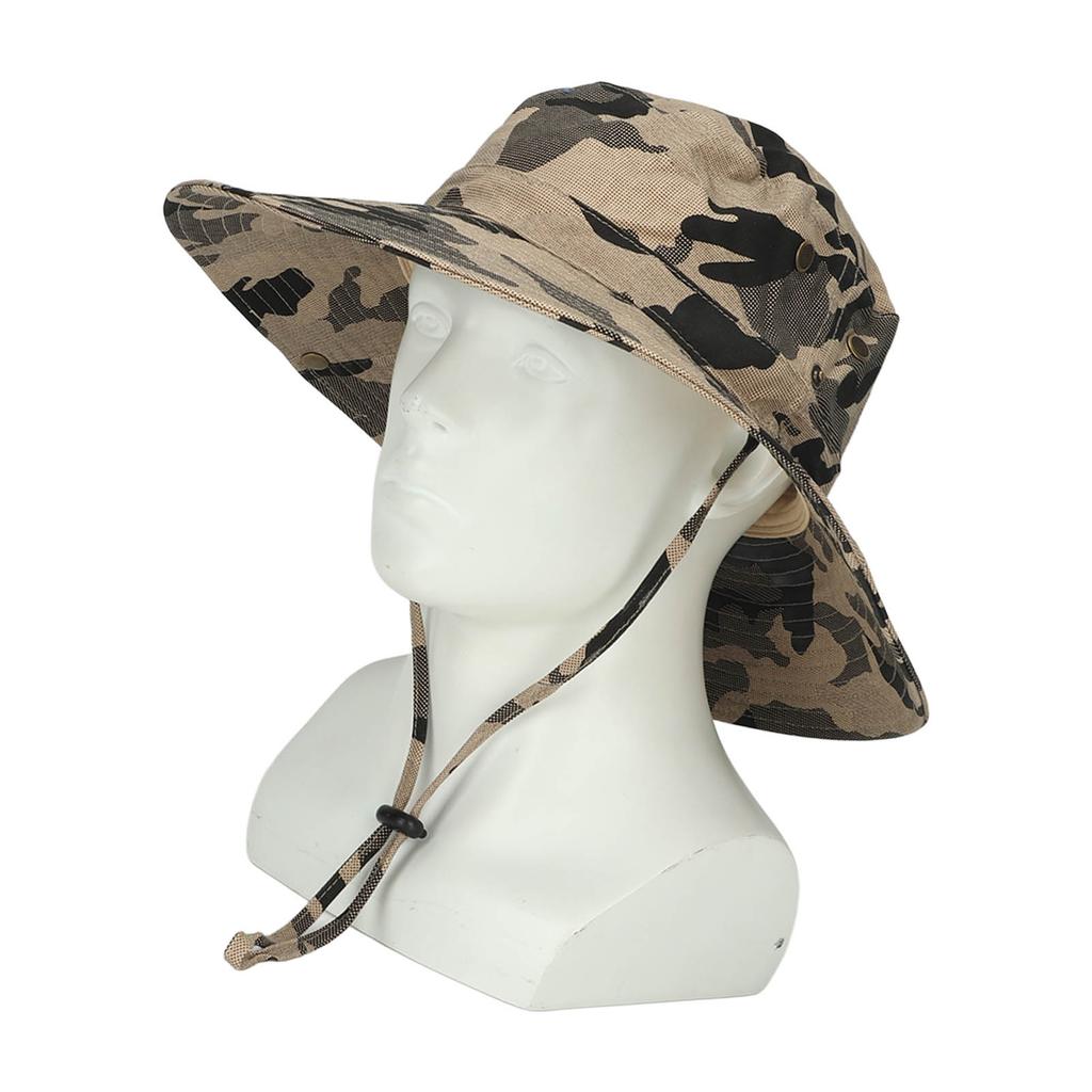 UPF50+ Fishing Hat with Mesh Vents Adjustable Strap Wide Brim Khaki Camouflage Sun Hat for Outdoor Hiking