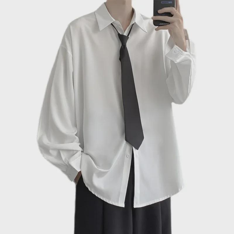 Men's Long-Sleeve White Shirt: College Style, Loose Fit, Korean Trend