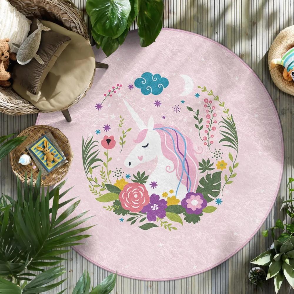 Enchanted Unicorn Floral Round Rug for Home Decor Magical Rainbow Playful Floor Mat for Kids Nursery Bedroom Fantasy Decor