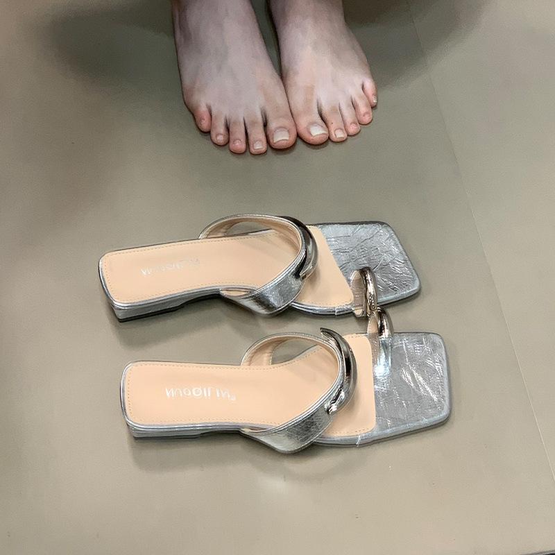 French Thick Heel Metal Buckle Sleeve Toe Slippers Women's Summer Wear Versatile Not Tired Feet Small Slope Heel Beautiful Cool Slippers