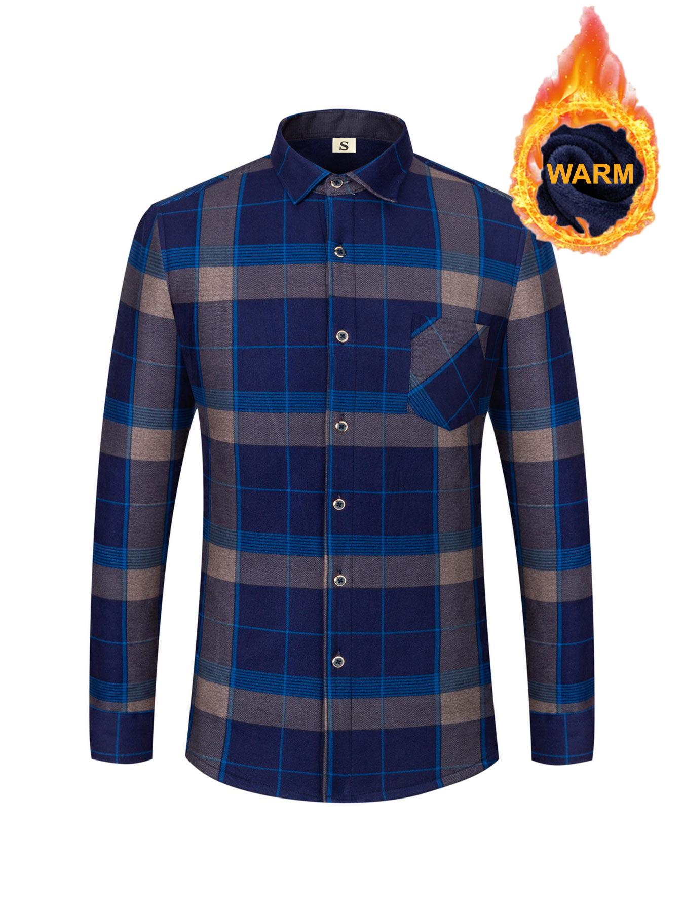 

Повседневная теплая рубашка в клетку для мужчин, рубашка с длинным рукавом и нагрудным карманом, мужская флисовая толстая рубашка на пуговицах XL синий