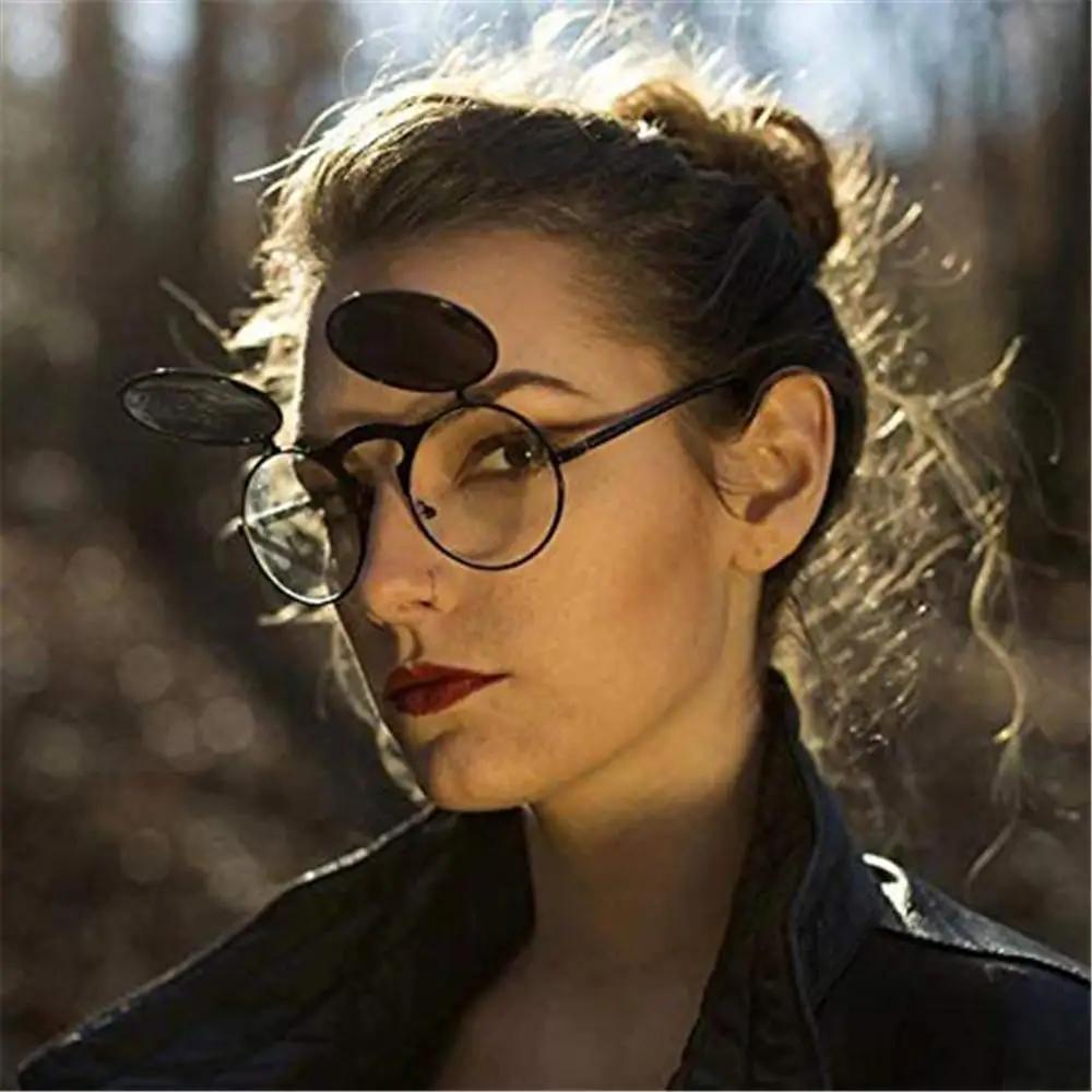Retro Flip Round Sunglasses Man Woman Metal Steampunk Style Sun Glasses Male Female Double Circular Clear Lens Eyeglasses