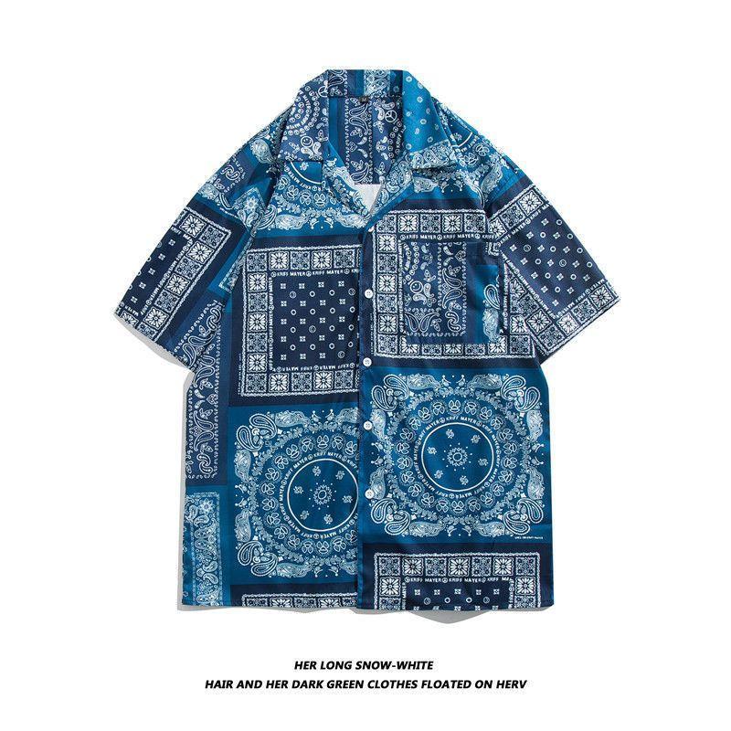 Straight Streetwear Fashion Casual Shirts Turn-down Collar Man Short Sleeve Button Printing Spring Summer Thin Men's Clothing