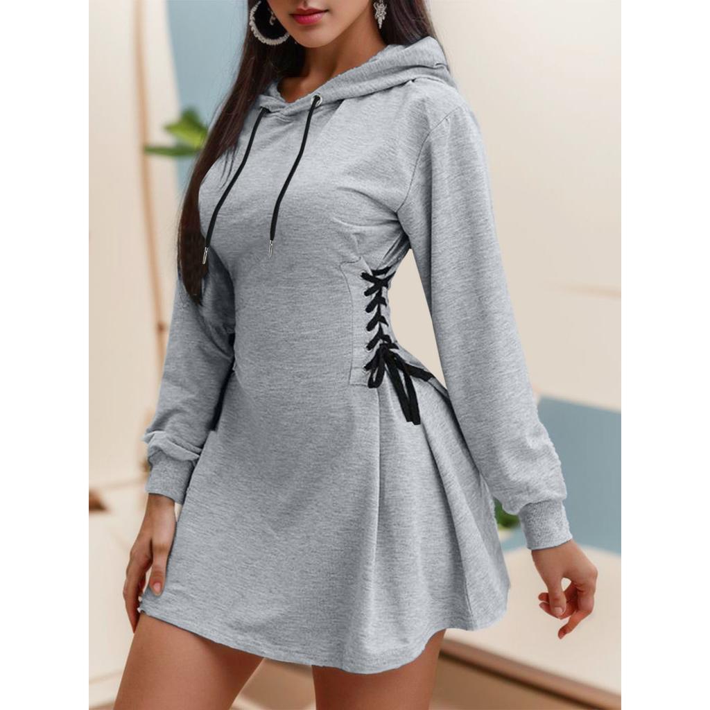 Damen Hoodies Mit Bindegürtel, Minikleid, V-Ausschnitt, Lange Ärmel, Slim Fit Hoodies Sweatshirts, Damenmode, Lange, Einfarbige Hoodies Mit Kordelzug