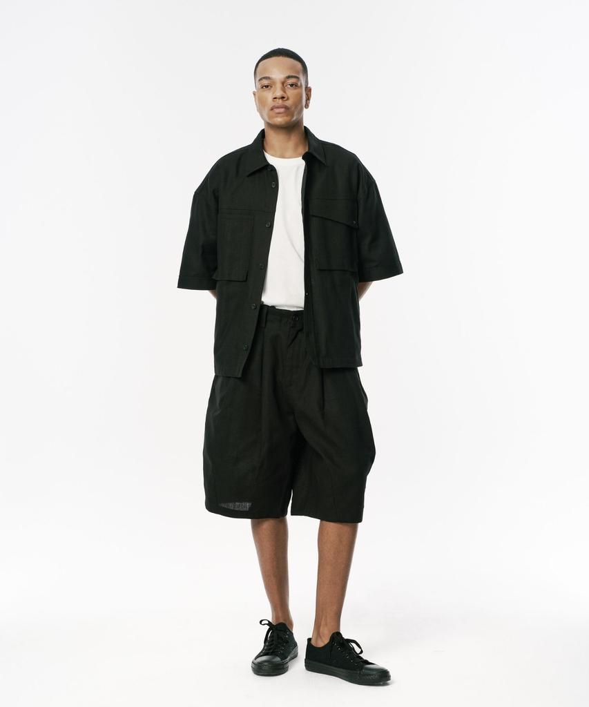 Codemorph Linen Texture Cotton Utility Short Sleeve Shirt Jacket Black