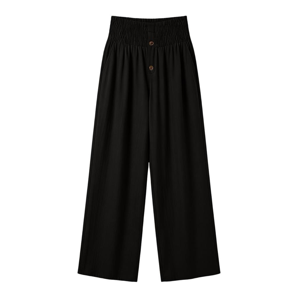 Women's High Waist Wide Leg Pants Linen Blend Elastic Waistband Casual Button Closure Loose Fit Trousers