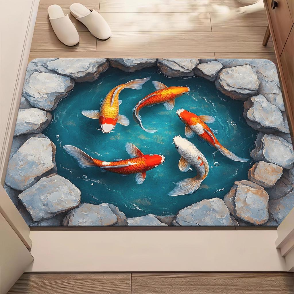 40*60cm, 60*90cm, 50*80cm, 80*120cm, 3D koi fish bath mat, flannel material, suitable for bathroom, bedroom, living room entrance, bathroom floor mat