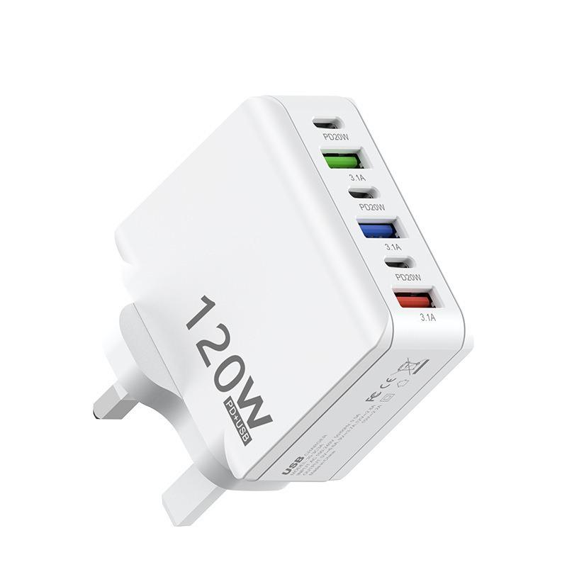 120W Multi-Port Fast Charger: 3 USB + 3 PD, US/EU/UK Compatible