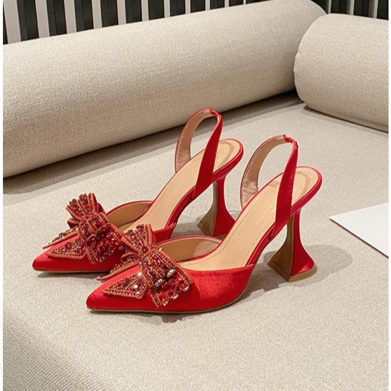 Módní Dámské Lodičky s Flitry a Křišťálovou Mašlí, Sexy Špičaté Červené Vysoké Podpatky, Svatební Banketové Boty, Dámské Sandály Slingback