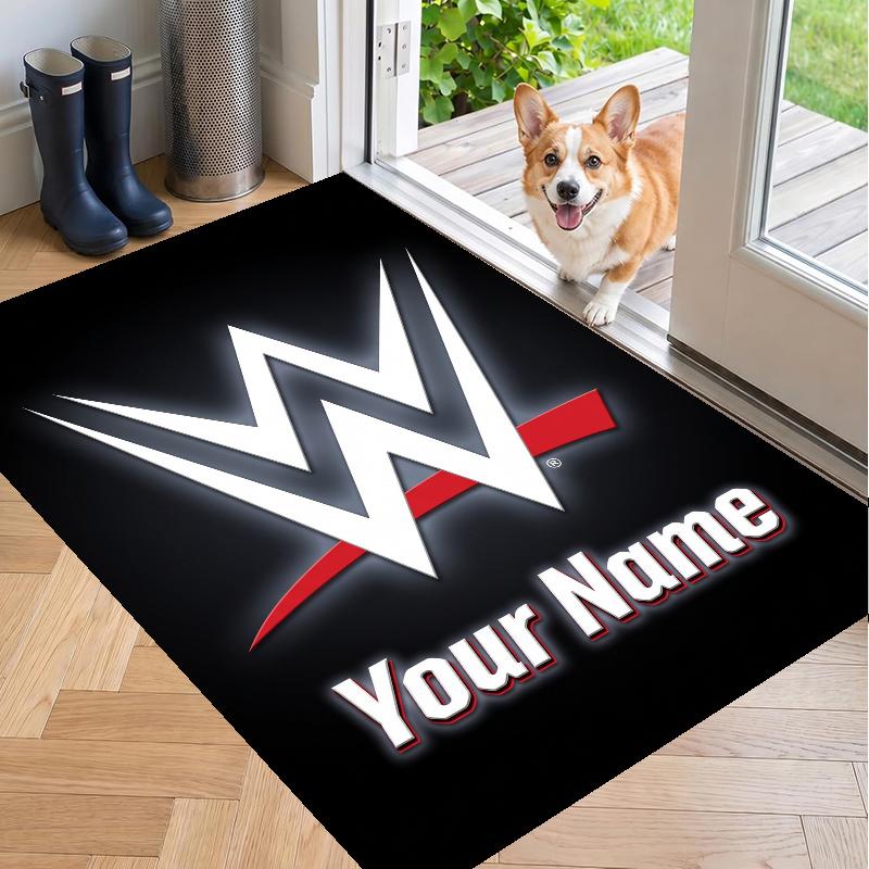 Custom Name WWE LOGO Crystal Velvet Floor Rug Personalized Text Soft Carpet Home Decor