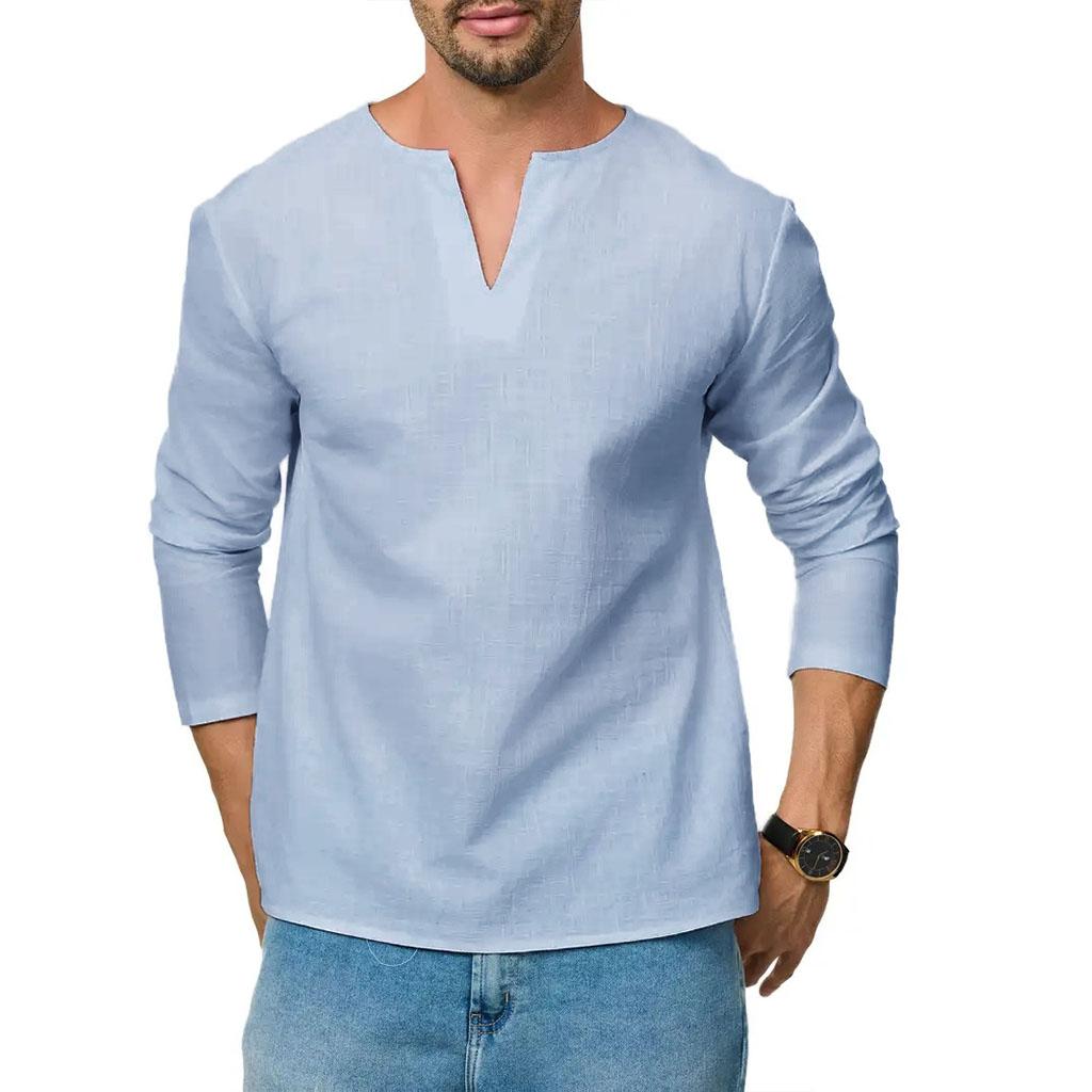 Men's Cotton Linen Long Sleeve T-Shirt Breathable V-neck Casual Slim Fit Solid Color Lightweight Male Casual Cozy Tees