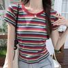 Women's 2024 Summer Color-Blocked Striped Short-Sleeve Round Neck T-Shirt