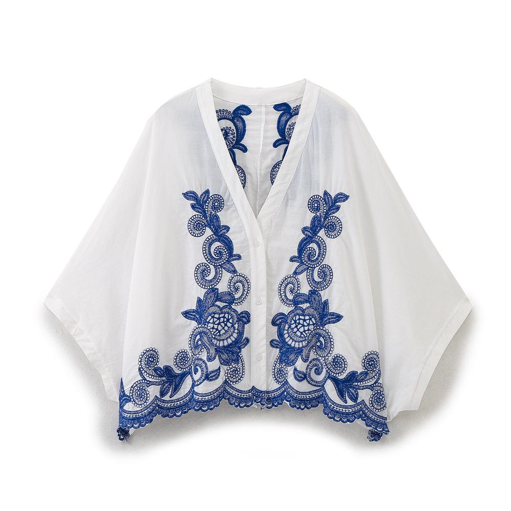 Dámský letní 2025 retro barevný blok vyšívaný set košile a midi sukně