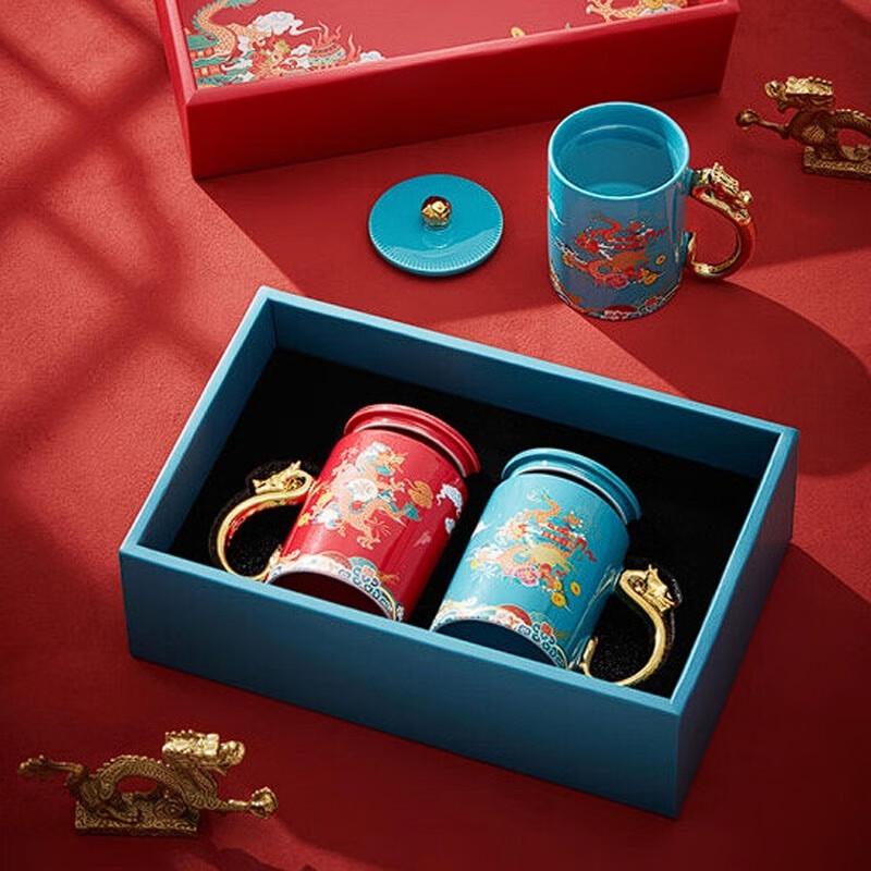 Chinese Style Year of the Dragon Wedding Couple Ceramic Mugs with Lids Gift Set