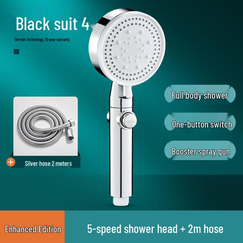 Five-Speed Frosted Black Shower Head & Booster Hose Set