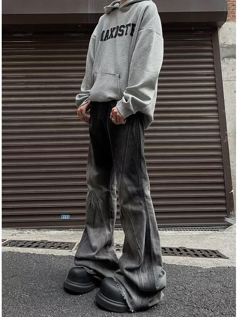 

Летние джинсы для мальчиков в стиле ретро с градиентом, расклешенные - повседневный свободный крой M серый/чёрный