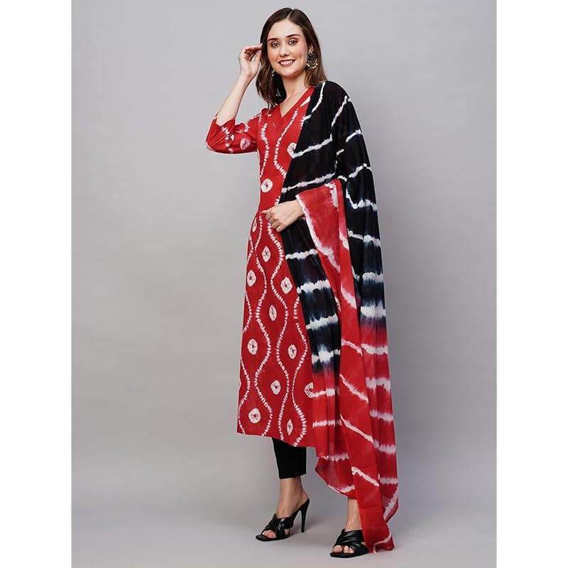 GoSriKi Women s Cotton Blend Straight Printed Kurta with Pant & Dupatta (Mayavi Red-GS_L_Red_Large) L красный