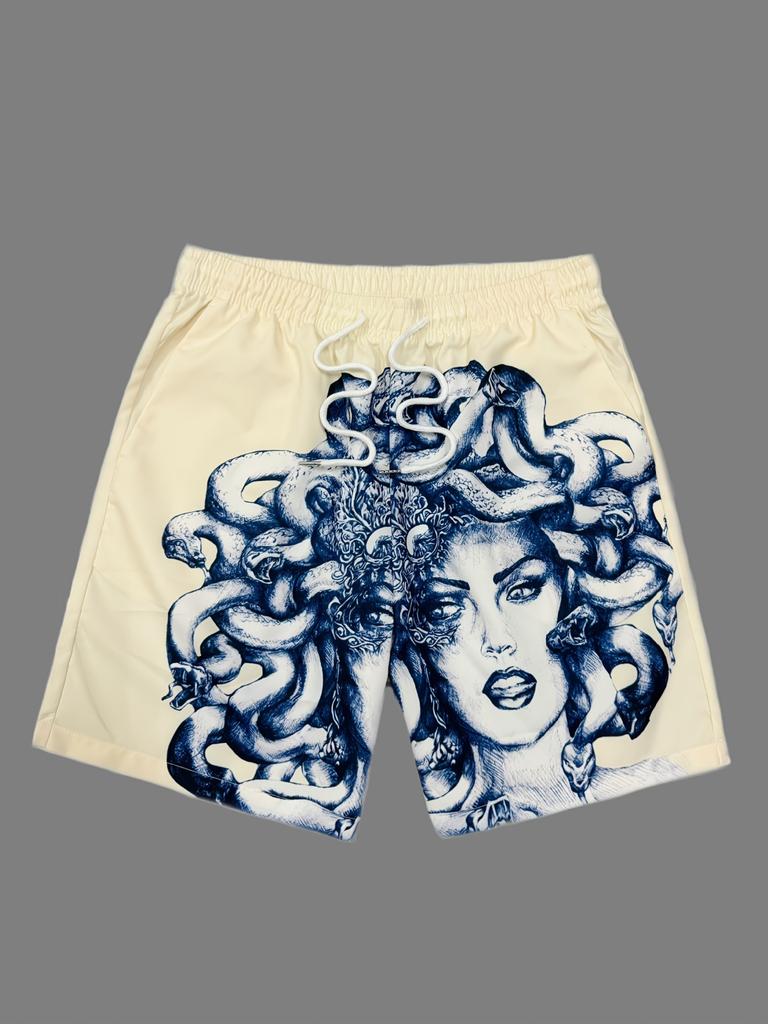 Men Gothic Angel Graffiti 3D Print Mesh Beach Shorts Elastic Drawstring Loose Straight Casual Summer Board Shorts