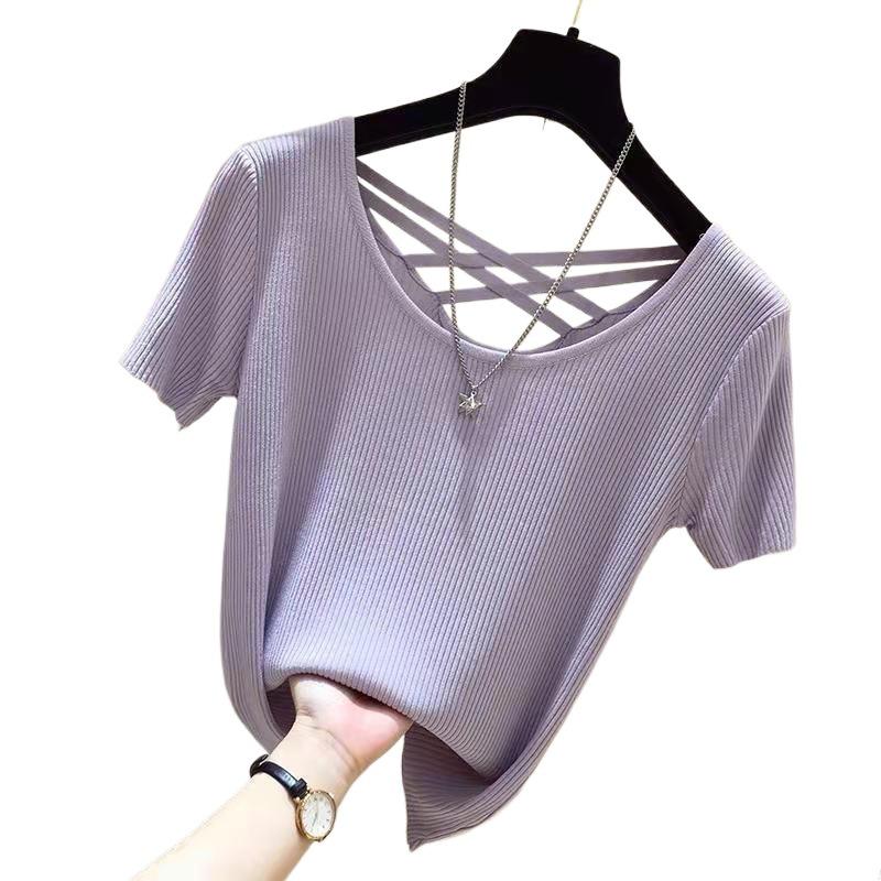 Korean Style Women's Slimming Backless Ice Silk Ribbed T-Shirt