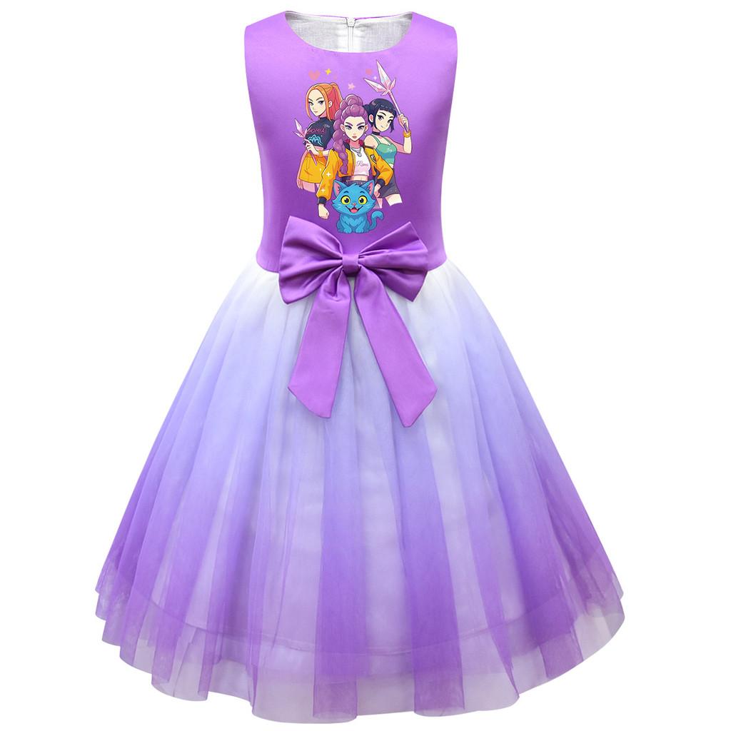 Kinder Mädchen Prinzessin K-POP Rumi Zoey Mira Print Schleife Ärmellos Mesh Tutu Kleid