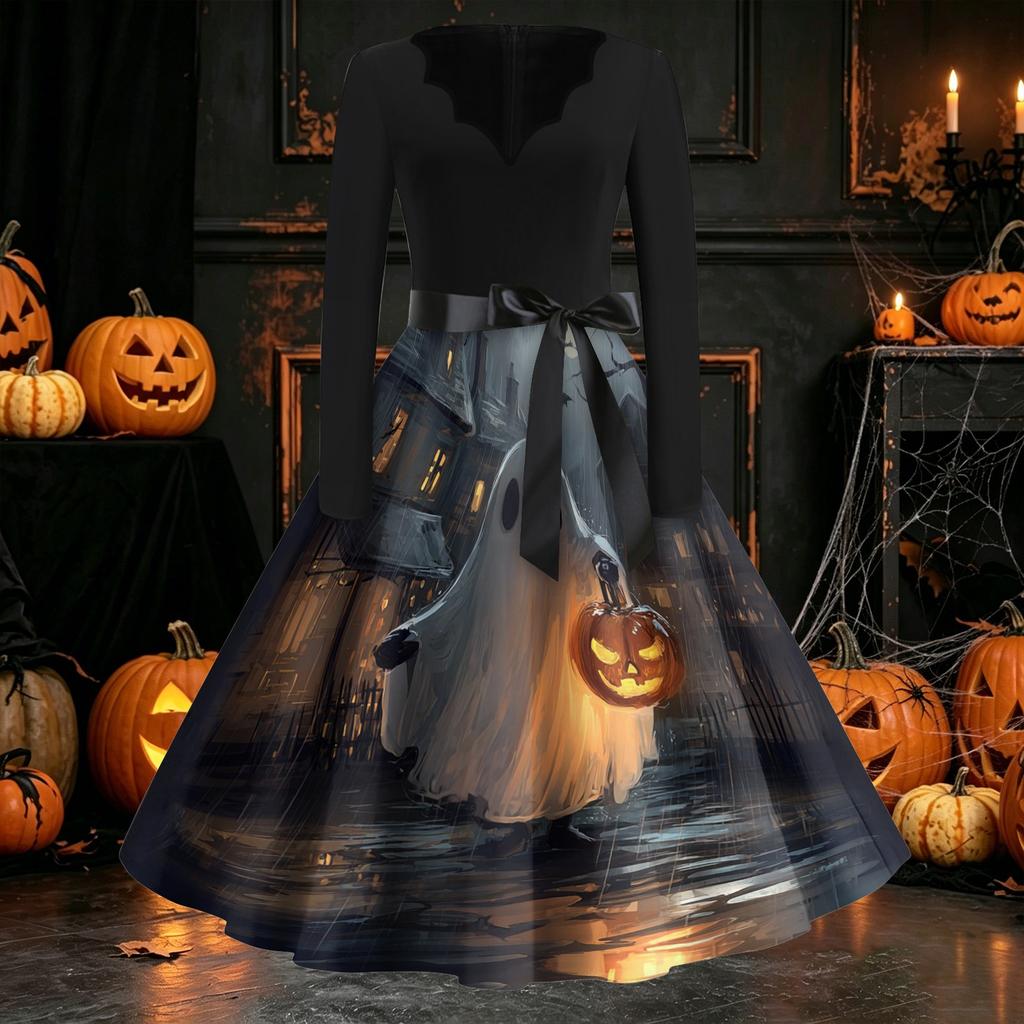 Women's Long Sleeve V Neck Vintage Style Dress with Halloween Print Casual Retro Fit and Flare Midi Dress with Waist Tie for Everyday Wear