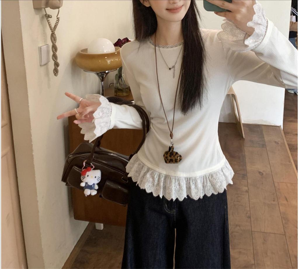 2025 New Arrival Women's White Lace Trim Long-Sleeve T-Shirt, Korean Slim Fit for Spring/Autumn