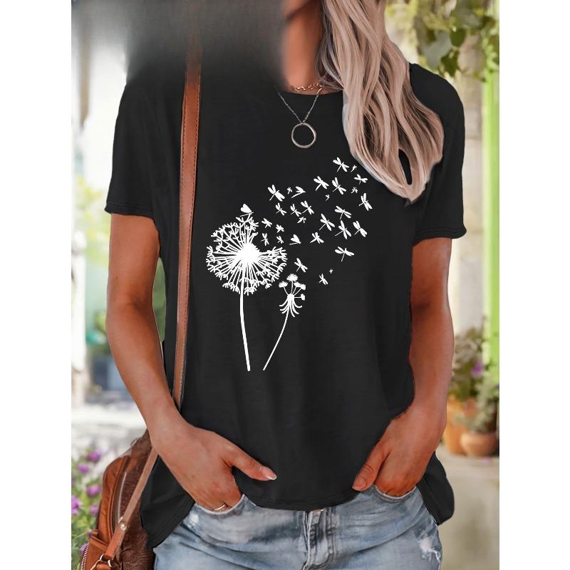 

European Size Plus Size, Butterflies and Dandelions Plus Size Women s Printed Casual Round Neck Short Sleeve Top 4XL чорний