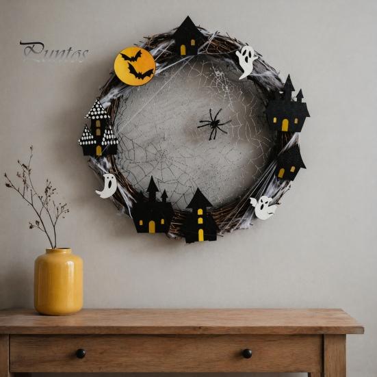 Front Porch Decoration Halloween Spider Web Wreath, Spooky Vine Branch Wreath with Ghost Castle Bat Cabin Party Props for Door, Farmhouse, Indoor,