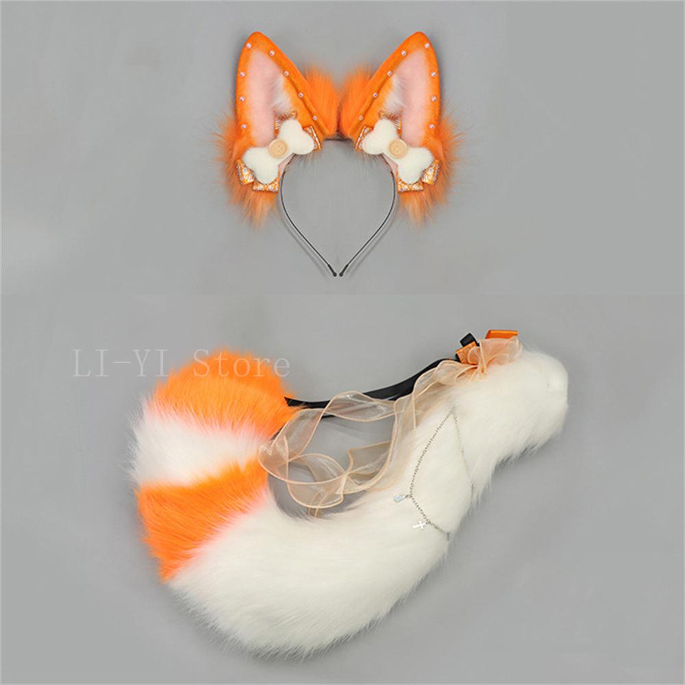 2 stuks/set Handgemaakte Kitsune Vossenoren & Staart Set Pluche Dierenoor Hoofdband Met Staart Voor Furry Cosplay Lolita Kostuum Accessoires ear and tail