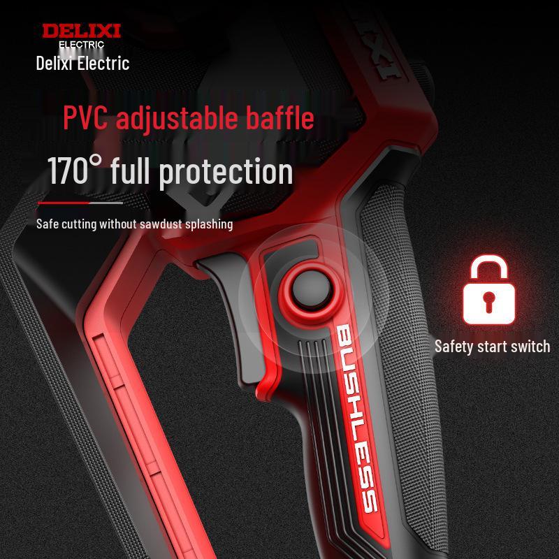Delixi Cordless Brushless Electric Chainsaw: High-Power, Handheld Lithium Battery Saw for Home Tree Cutting.