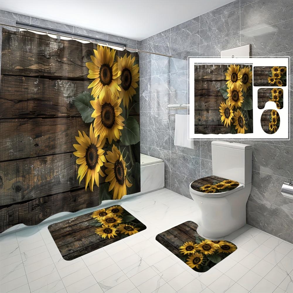 4-Pack Sunflower Wood Board Digital Printing Polyester Waterproof Shower Curtain Punch-Free Partition Bathroom Toilet