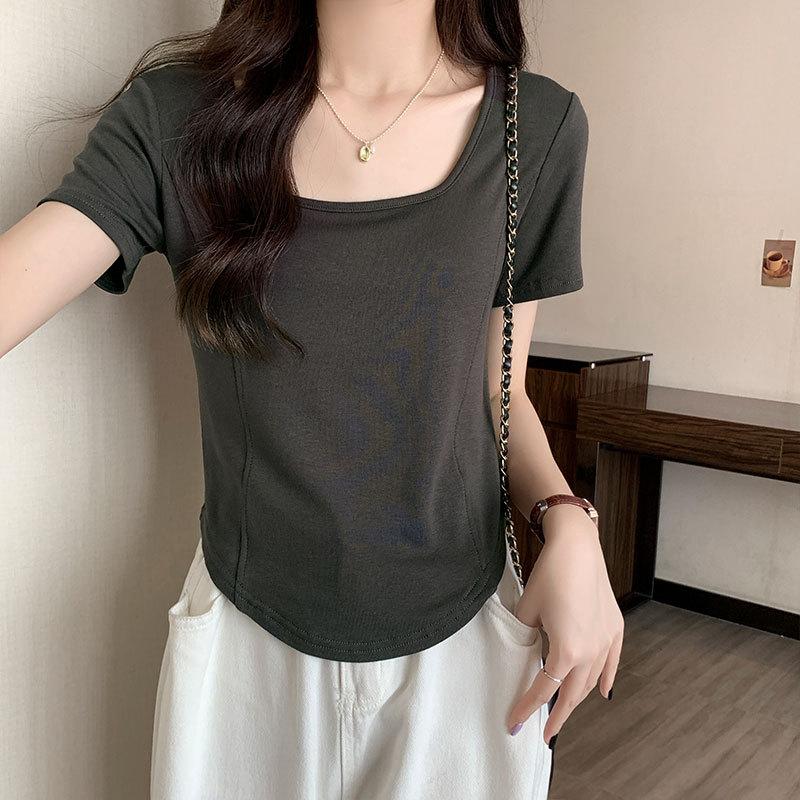 

Square neck short-sleeved slim-fit T-shirt for women s summer new models with a foreign style age-reducing fish bone short front shoulder shirt 2XL