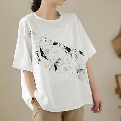 New Summer Style Literary Loose Large-size Printed Round Neck Cotton Linen Short-sleeved T-shirt for Women, Versatile Casual Tops
