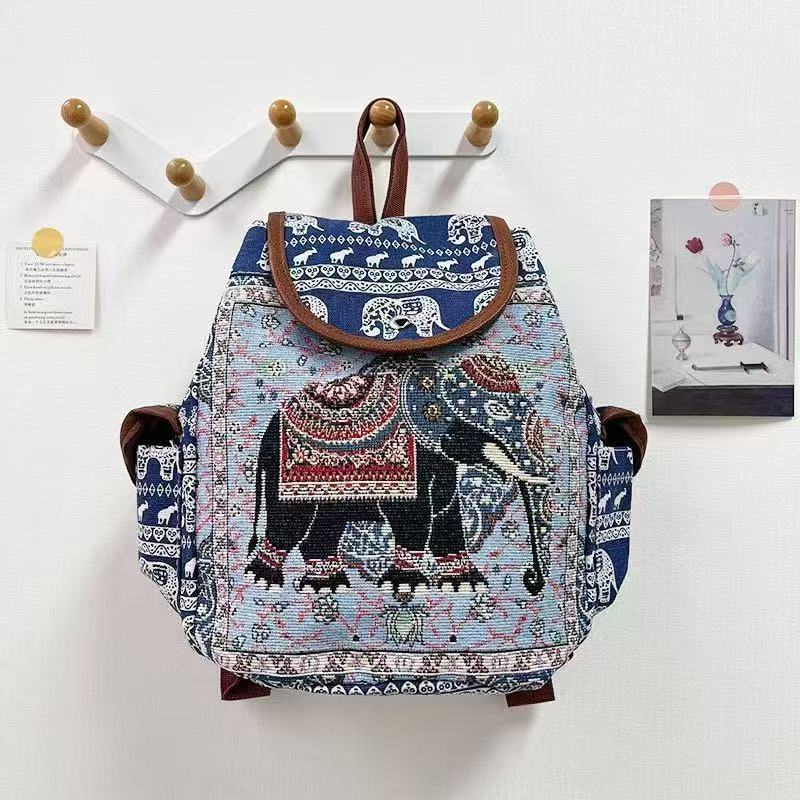 Fashion Ethnic Style Embroidery Knapsack Casual Canvas Animal Drawstring Backbag Jacquard Elephant Owl Bucket Back Bag Beach