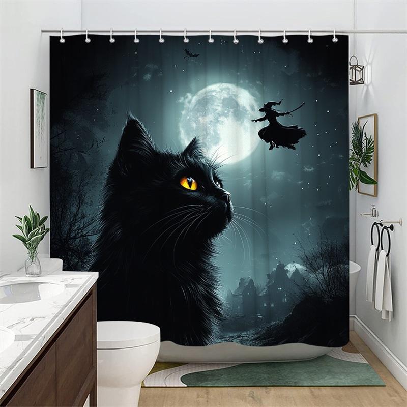 1 Black Cat And Full Moon Shower Curtain - Realistic Yellow-Eyed Cat And Witch Silhouette, Polyester Fabric, Machine Washable