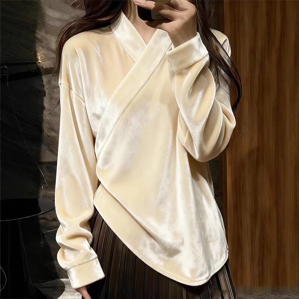 2026 Apricot Velvet Hanfu Top: New Cross-collar Tang Suit Shirt
