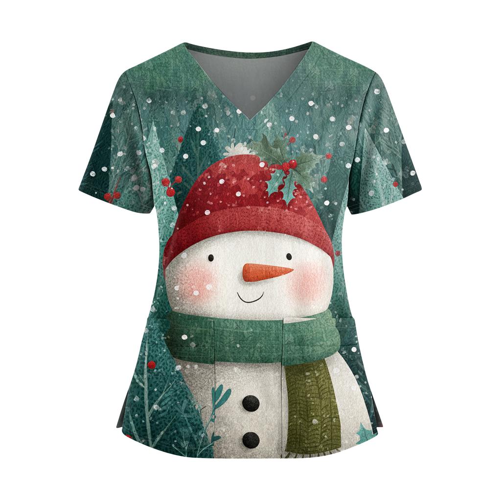 Women's Christmas Printed V-Neck Double Pocket Short Sleeves Hem Slit  Uniform Caregiver Top