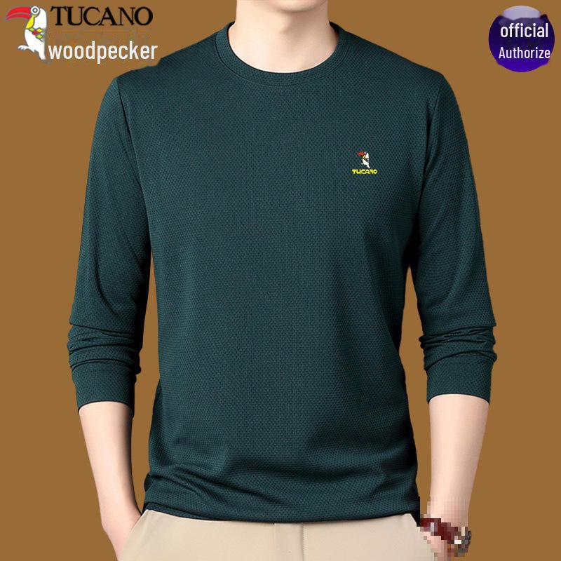 Woodpecker Men's Cotton Long-Sleeve T-Shirt for Midlife and Older - Spring/Autumn Base Layer