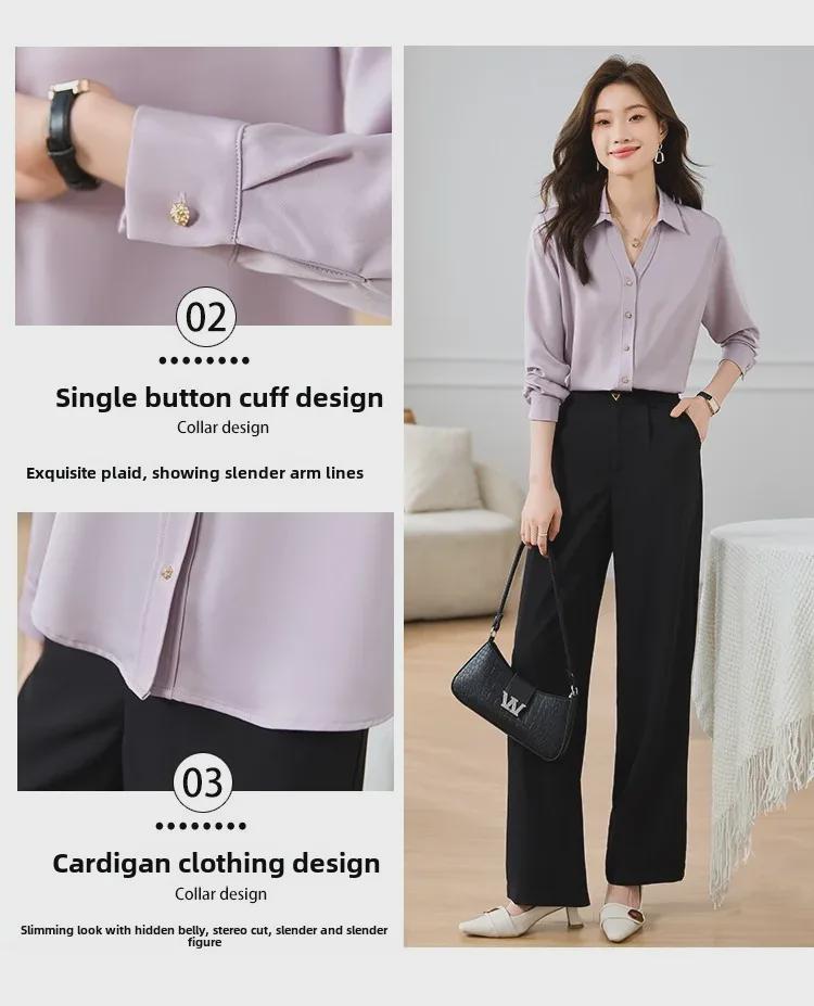 Damen Lila Satin Langarm Designerhemd, Neuer Französischer Stil