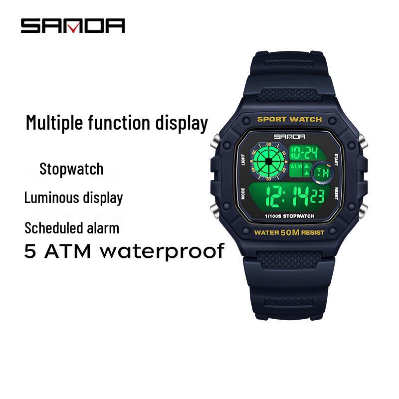 Sanda Teen & Men Multifunctional Waterproof Fashion Square Alarm Clock Watch