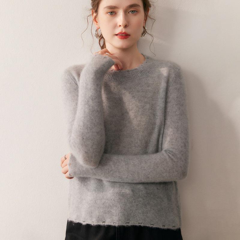 2025 Autumn/Winter Women's Distressed Round Neck Cashmere Sweater - Fashionable Loose Knitted Solid Color Long Sleeve Shirt