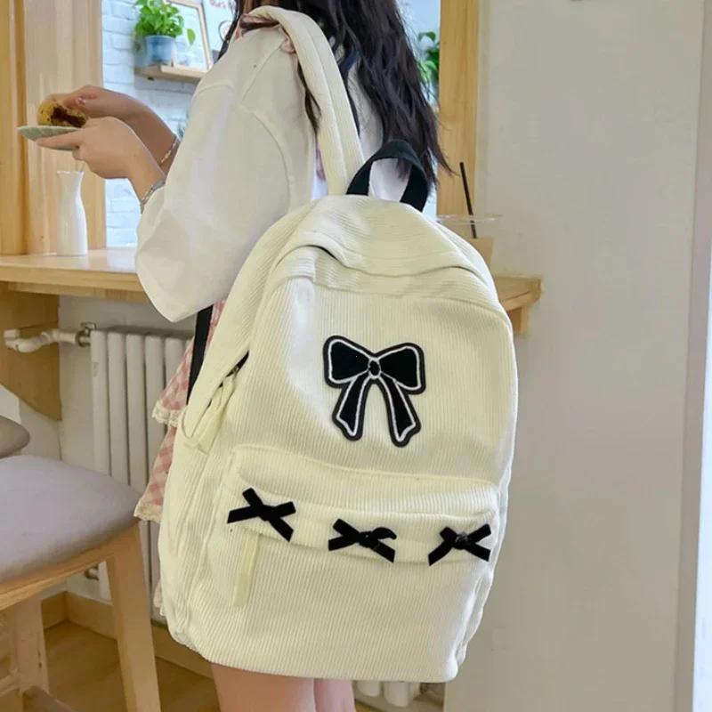 Cute Bowknot Aesthetic Backpacks Lightweight School Bookbags Students Sweet Rucksack for Girls Women's Corduroy College Mochilas