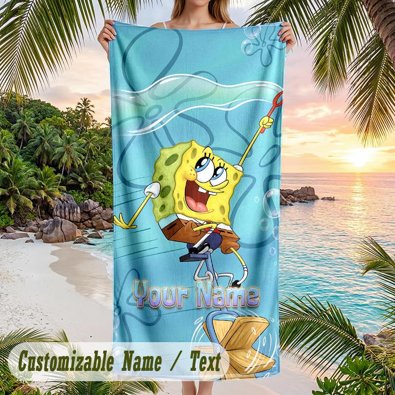 SpongeBob Beach Towel, Personalized Custom Text, Quick Dry Soft Large Towel For Swimming Pool Travel
