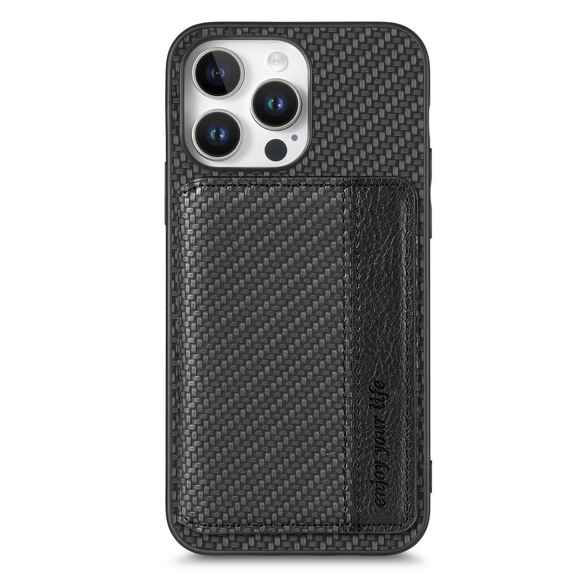 

C1-02 For iPhone 16 Pro Case RFID Blocking Card Holder Carbon Fiber Leather+PC+TPU Phone Cover Black
